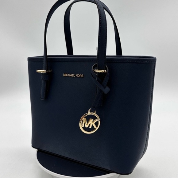 Michael Kors Jet Set Travel Extra-Small Top Zip Tote Bag Navy Blue/Gold - Picture 2 of 9